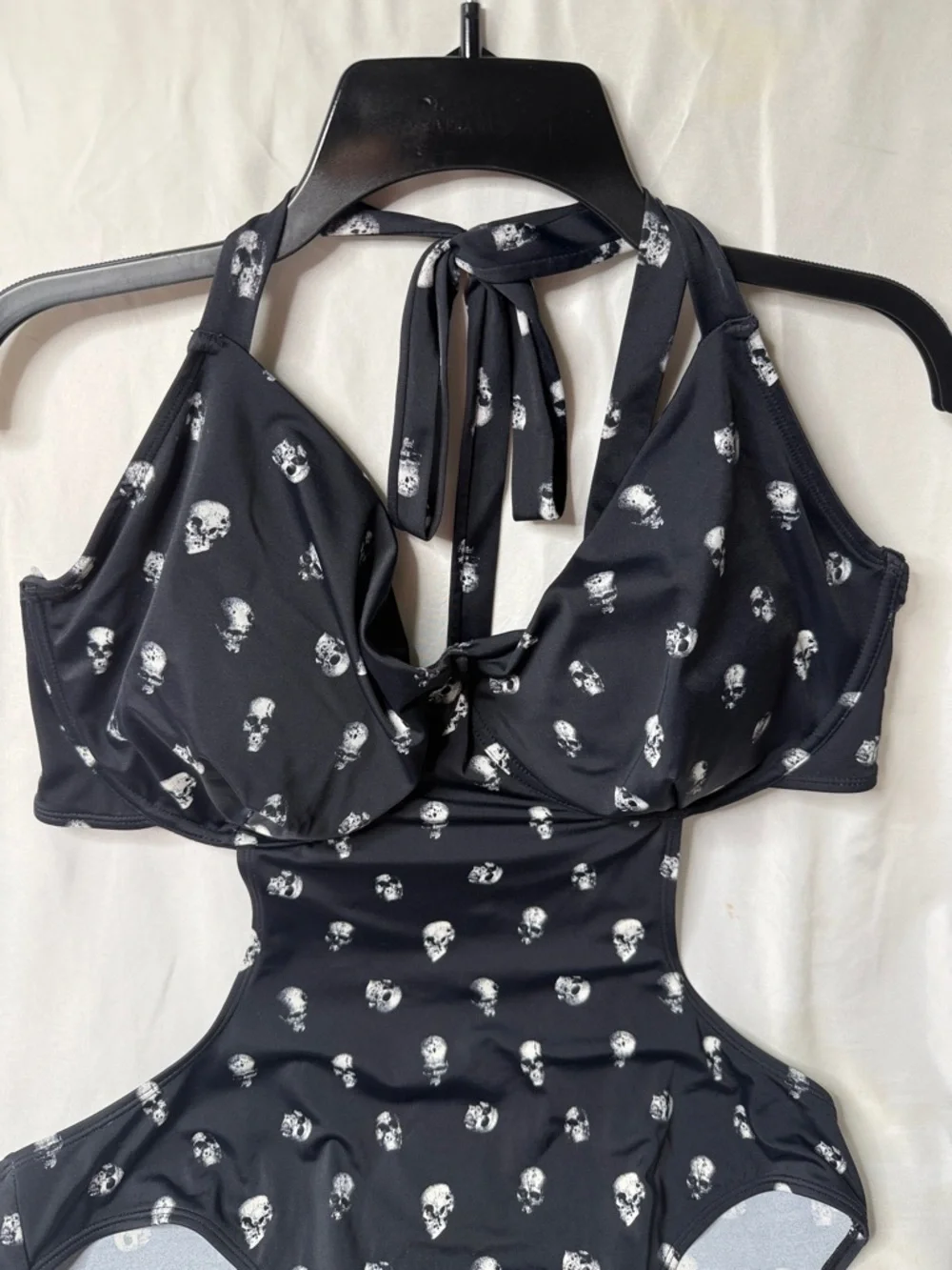 Killstar Black Halter Cutout One-Piece Swimsuit with White Skull Print - Picture 2 of 8